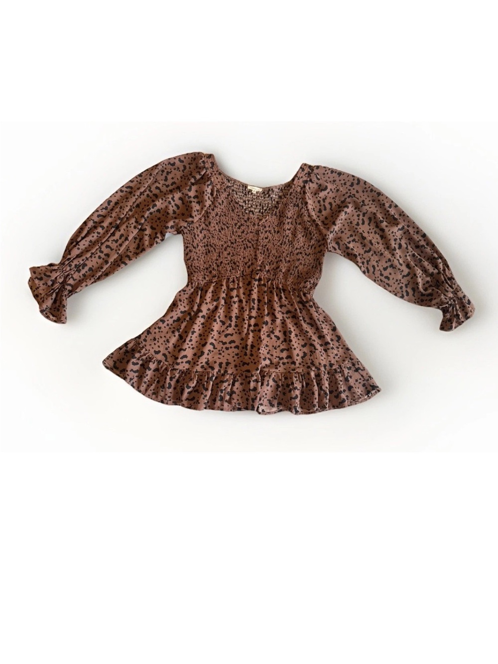 Jodifl‎ Leopard Animal Print Top Smocked Peplum Blouse Long Sleeve Boho Small